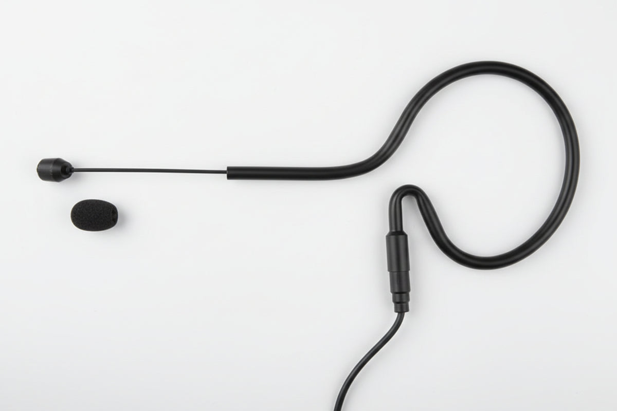An omni earset microphone with a boom arm, microphone tip, and foam windscreen.