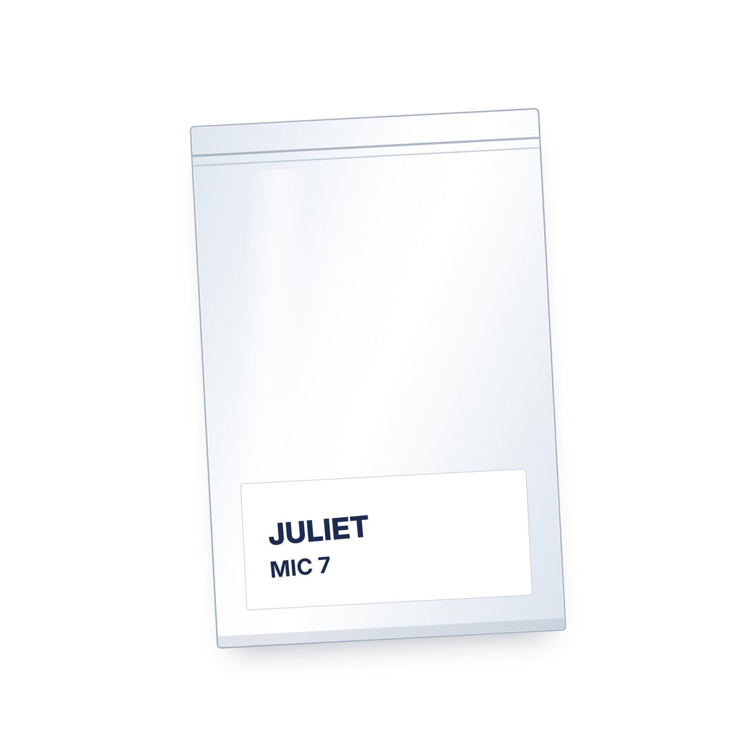Clear 6 x 9 in zip bag with white write-on label marked with an actor name and mic number