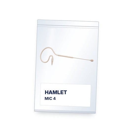 Clear zip mic bag holding a beige earset microphone (mic not included)