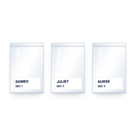 Three clear zip mic bags labeled with character names and mic numbers, one per actor