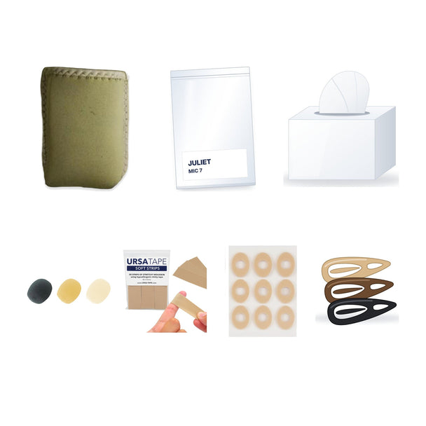 Bodymics Actor Kit contents: mic belt, mic bag, remover wipes, foam windscreens, URSA tape strips, mounting pads and wig clips
