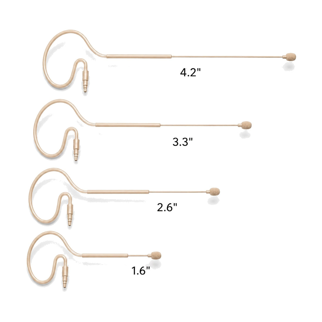 Bodymics earset boom lengths: 4.2", 3.3", 2.6" and 1.6"