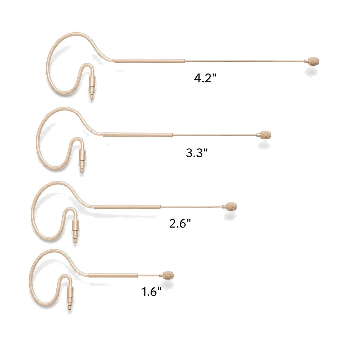 Bodymics earset boom lengths: 4.2", 3.3", 2.6" and 1.6"