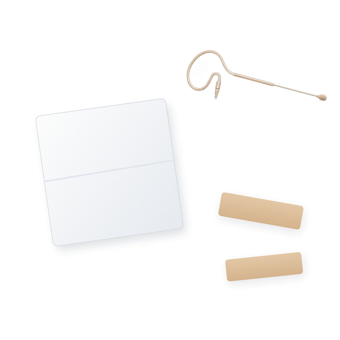 Adhesive remover wipe with mic tape strips and a beige earset microphone (mic and tape not included)