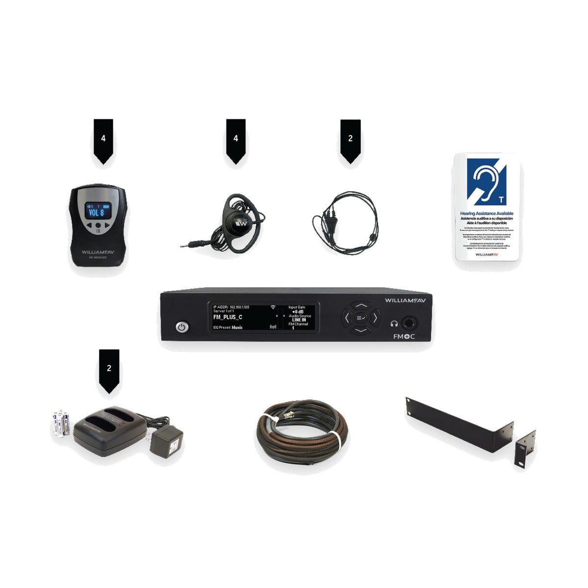 Williams AV FM assistive listening kit: transmitter, receivers, earphones and neckloop