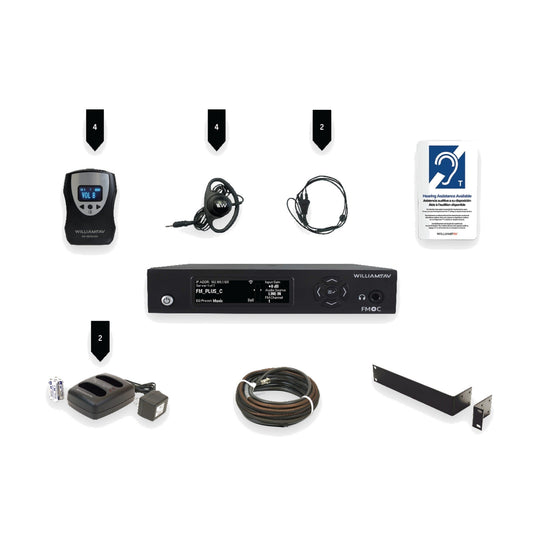 Williams AV FM assistive listening kit: transmitter, receivers, earphones and neckloop