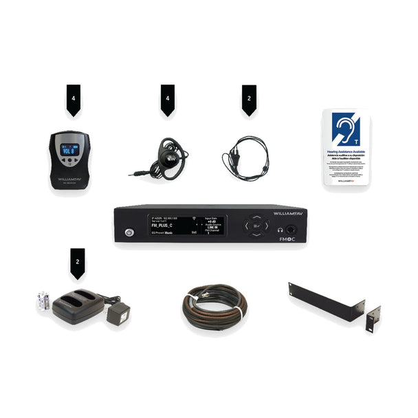 Williams AV FM assistive listening kit: transmitter, receivers, earphones and neckloop