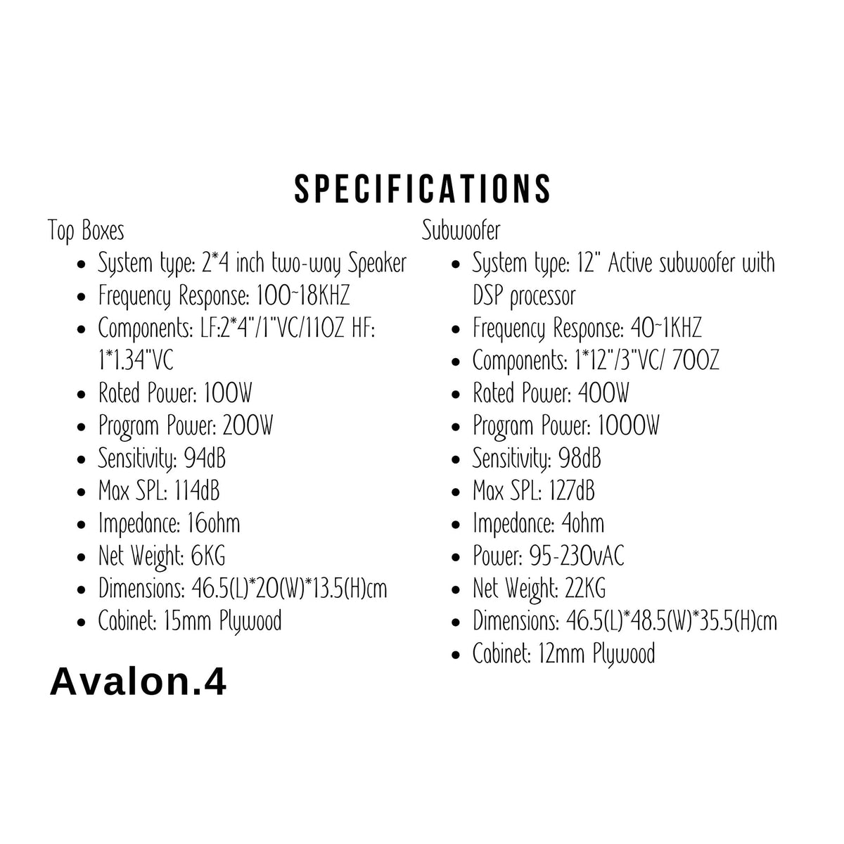 Creative Audio Avalon 4 specifications